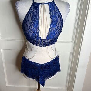 Dreamgirl Blue Lace Halter Bralette & Panty Set gold chain detail Size Small